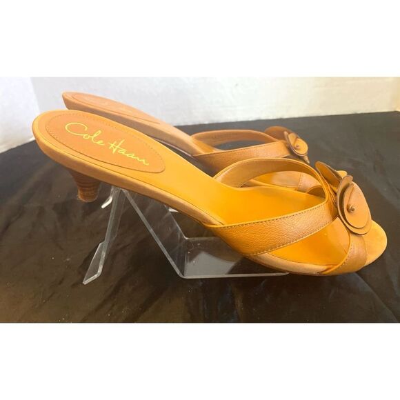 Cole Haan Nike Air Cognac Brown Smooth Leather Kitten Heel Mules Women’s SZ 10B - Picture 10 of 11